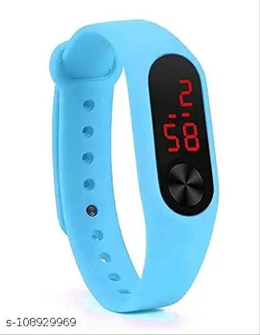 A blue sports watch with a black digital display, two buttons on either side of the face, and an elastic band