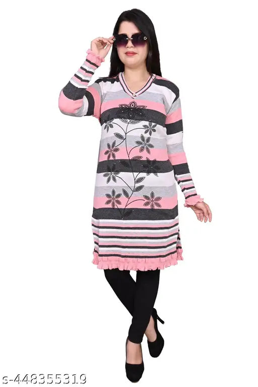 Trendy women's winter kurti with striped pattern, long sleeves, and embroidered details