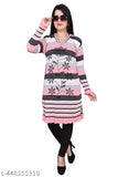 Trendy women's winter kurti with striped pattern, long sleeves, and embroidered details