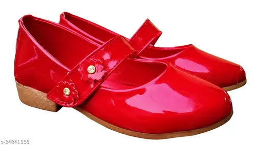 Synthetic red ballerinas for girls partywear, woven design, Velcro fastening, India-made