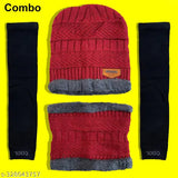 Winter set of accessories, including a black woolen beanie hat, neck warmer muffler, and full hand gloves for both men and women