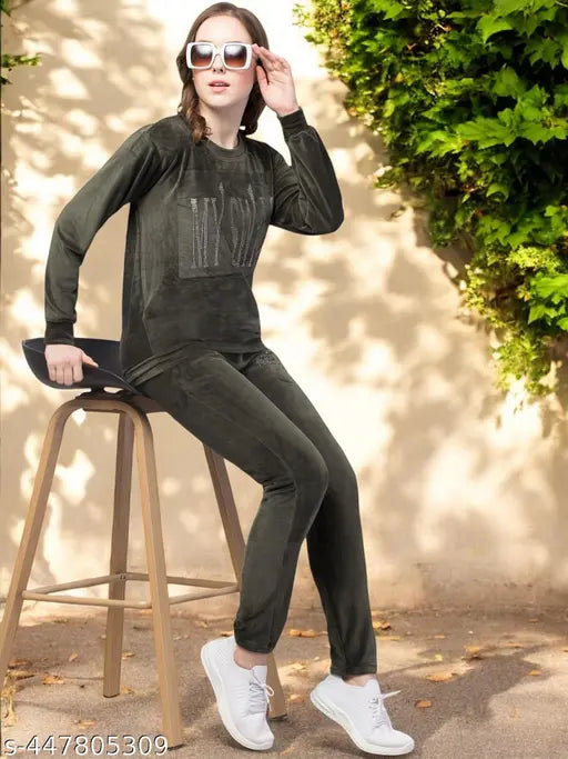 Olive velvet pajama set with sweatshirt: women's/girls nightwear, soft & cozy velvet fabric, fancy design, long-lasting comfort