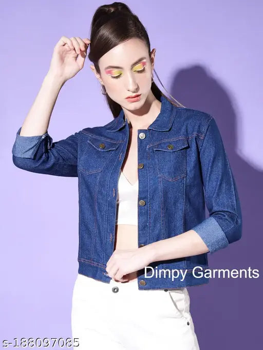 Dark blue solid women's denim jacket by Dimpy Garments, classic design with long sleeves, collared neckline, dual chest pockets, and button front closure