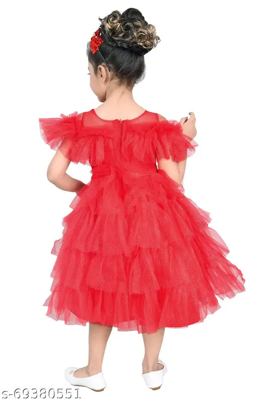 Red satin ball gown, long sleeves, embellished with ruffles, designed for little girls' party wear