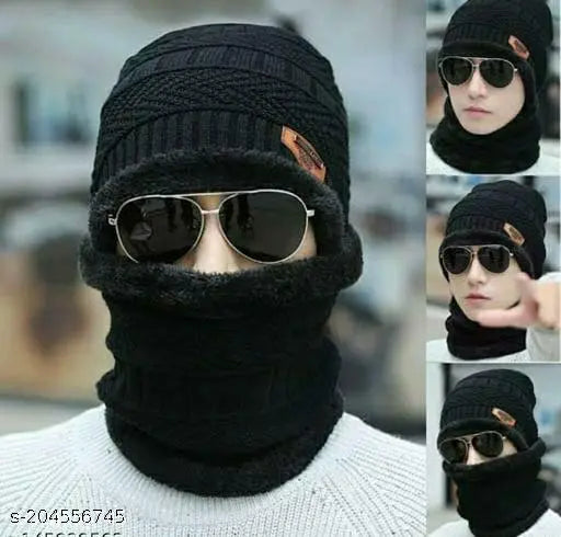 Woolen winter combo pack: 3-piece worm neck set and Cool gloves (cap, neck muff, hand gloves), stylish fur-lined balaclava cap for men & women protection