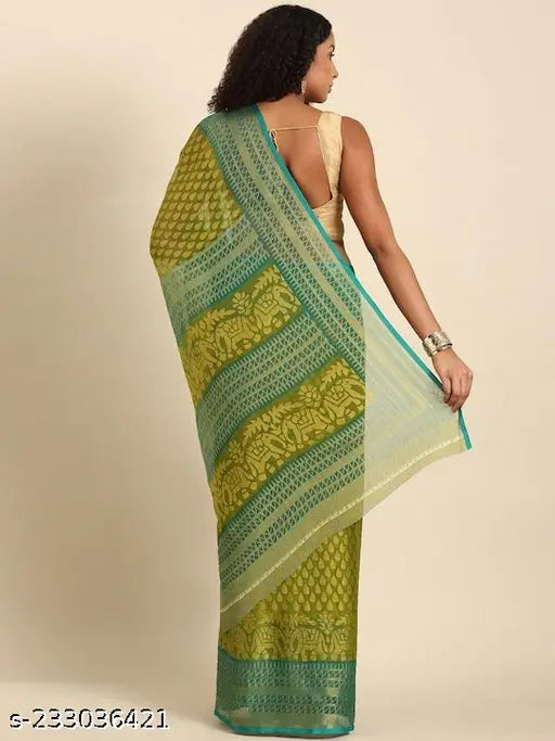 Chiffon and Brasso fabric, Indian Mahalaxmi saree with zari woven pattern, perfect for special occasions