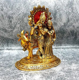 Metal Radha Krishna Cow Idol with Flute, 14cm x 11cm x 16cm, Indian Temple decoration