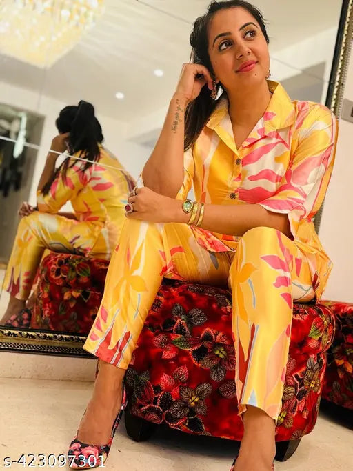 Stylish yellow floral print satin 2-piece co-ord set loungewear for women, printed combo of single stitch type