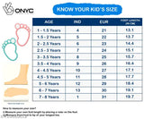 Multicolor boys' dino sandals, premium leather material, age-size guide from 1 to 6 years with measurements in inches and centimeters for EU feet
