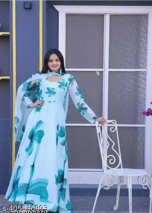 Georgette print long gown with dupatta, long sleeves, Indian printed net maxi dress on mannequin