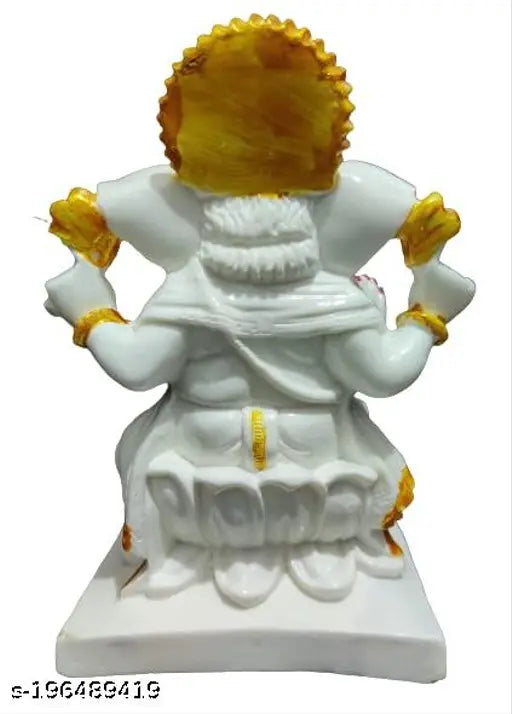 Marble white Ganesha idol, intricately carved with traditional design, 7" tall, perfect for home temple or office decor