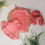 Red Cotton Printed Anarkali Sharara Set for Baby Girls - Ethnic Indian attire with Gota Patti and Dori, suitable for festivals like Diwali, Janmashtami, Rakhi. Sizes available from 6-12 months to 5-6 years. Made in India
