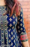 Blue rayon Anarkali dress with gold printed front slit, perfect for women's fashion events in India