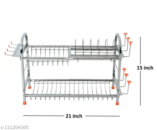 Stainless steel wall-mount kitchen utensils rack, 2 shelves, dish and plate rack, cutlery stand, kitchen organizer, measures 15 x 21 inches