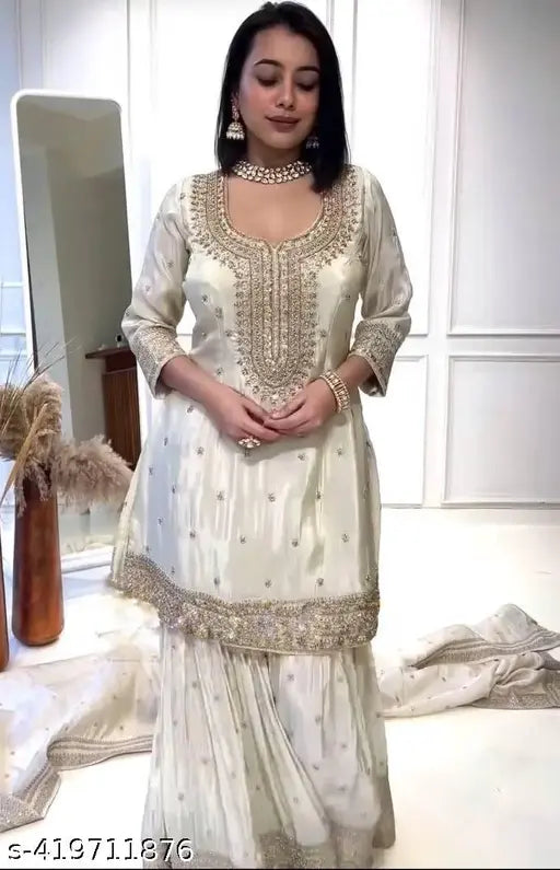 Trendy embroidered periwinkle kameez with matching dupatta set