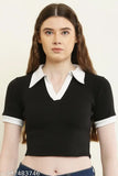 Black lycra formal collar t-shirt for women & girls, solid pattern, short sleeves, crop cut