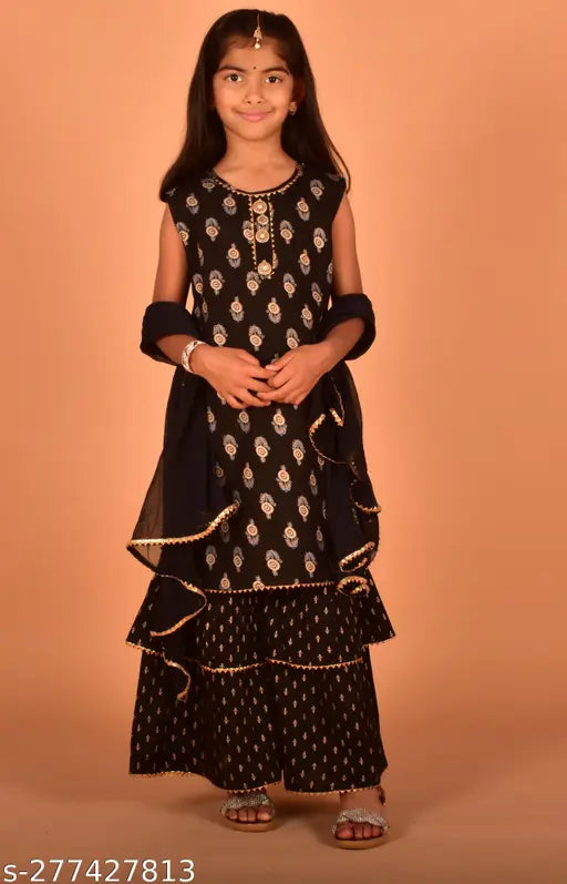 Kidaroo girls printed rayon kurta and sharara set with solid dupatta, perfect for parties and weddings