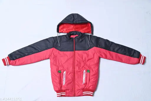 Red puffer jacket with a hood, kids sizes, for boys