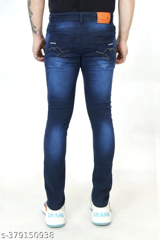 Dark blue carrot-fit denim jeans for men. Stylish and comfortable with a fashion-forward design. Available in sizes 28, 30, 32, and 34 (waist: 28in, 30in, 32in; length: 41in). Made in India