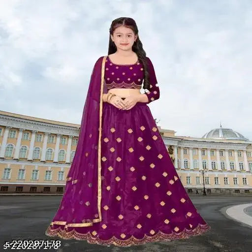 Femisha creation net lehenga choli, semi-stitched for girls aged 3-15 years, Zari woven design, Nylon embellished work, India