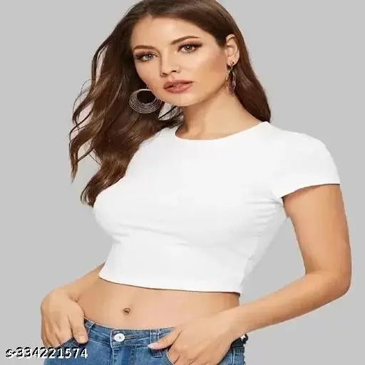 Lycra solid color crop top with half sleeves, fashionable women's wear from India