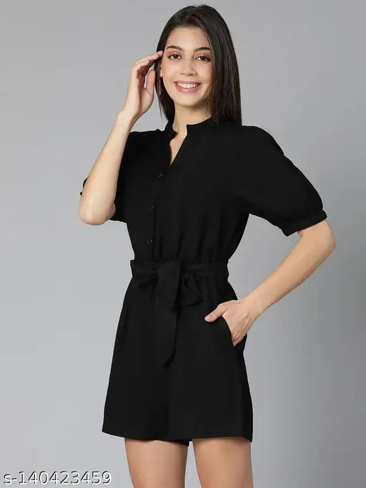 Black cotton playsuit for women, solid pattern, three-quarter sleeves, v-neck, white buttons, tie-knot belt, Linen Blend fabric, India origin