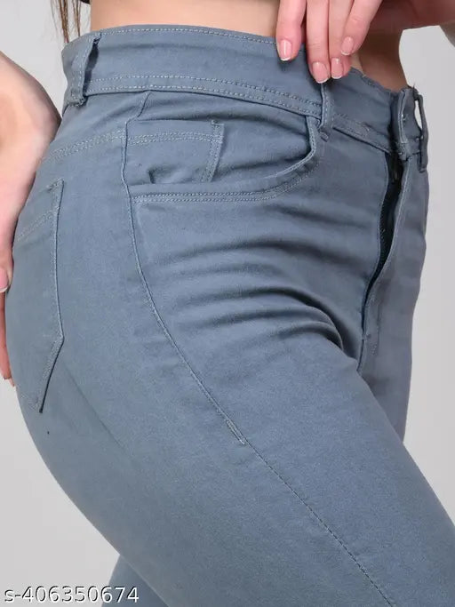 Grey stretchable premium denim, high-waisted, women's cargo, fitted, flared