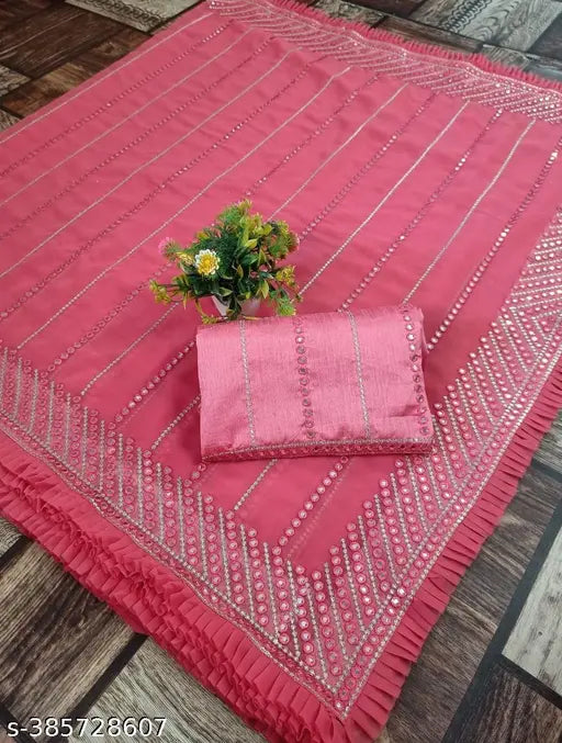 Maroon embroidered work sari with a CPallu and separate blouse