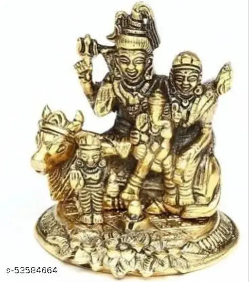 Shiv parivar idol set in metal, including Lord Shiv, Ganesh, Parwati, Nandi, and Kartikeya, for home, office, and gifting purposes. The idols are of 9x8 inches size, with a lucky, love, happiness, and prosperity theme. This set is suitable for both personal use and as a gift item. The material of the idols appears to be metal, possibly brass or similar alloy