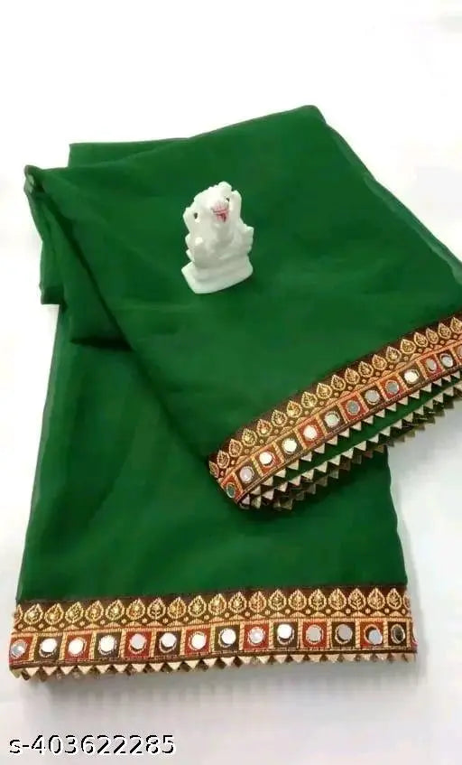 Green georgette saree, rich border with beads, decorative pallu