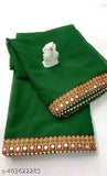 Green georgette saree, rich border with beads, decorative pallu