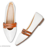 White synthetic belly flats with brown buckle strap - stylish, comfortable, and trendy party wear for women. Ideal gift for Diwali or Durga Puja