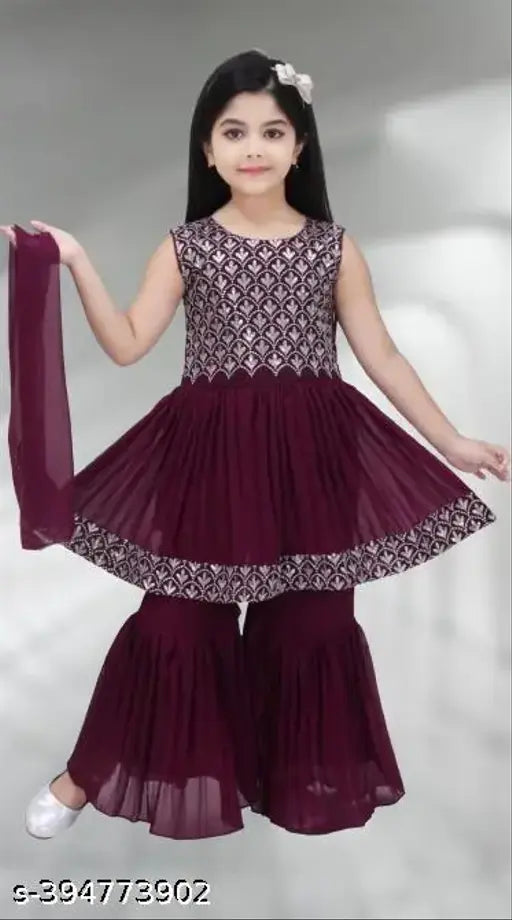 Sequined Georgette Anarkali Top with Sharara Bottom, 2-3 Years, Indian ethnic wear