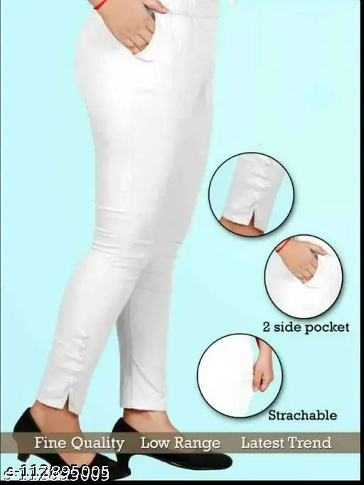 Cotton Lycra white cigarette pants with elasticated waistband and side pockets by Blue Berry, adult casual wear