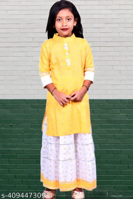 Rayon A-line printed kurti set with three-quarter sleeves, available in multiple vibrant colors for girls aged 2-5 years, Indian origin