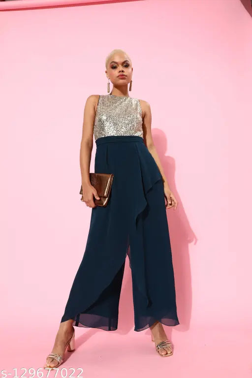 Teal polyester Miss Chase womens solid round neck jumpsuit, relaxed fit, sleeveless, zip closure, 2 side pockets