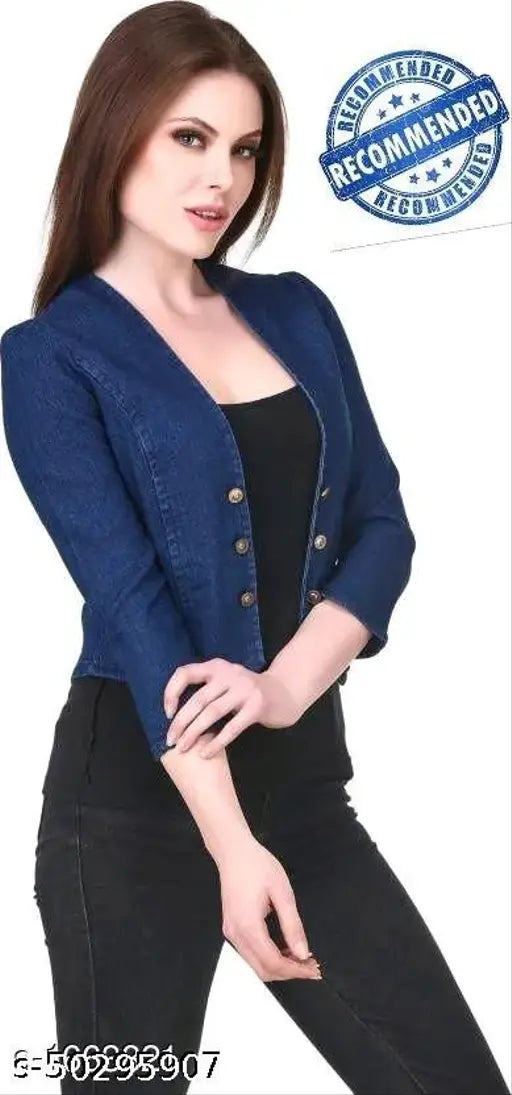 Denim classic retro women's capes, shrugs & ponchos in three-quarter sleeves, self-design. Sizes: S, M, L, XL (Bust Size 36in-42in)