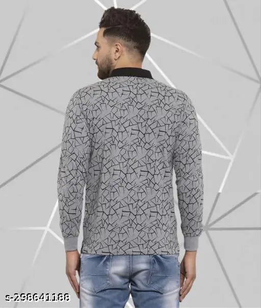 Grey Cotton Blend Full Sleeve Polo T-Shirt for Men, all-over printed with Wild West design, stylish and trendy