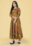 Brown and gold anarkali kurta with high neck and designer print, full-length sleeves