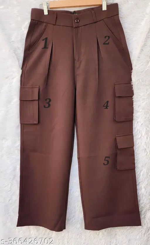 Coffee brown cotton blend Korean 5 pocket baggy cargos for woman, self-design pattern with 2 right pockets and 3 left pockets, high waist and wide leg style, true to size length between 40-41