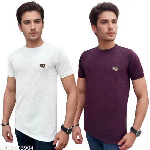 WhiteWine Polycotton round neck T-shirt, regular fit, double stitched, short sleeves, combo pack of 2 from CAIMBROS (Made in India)