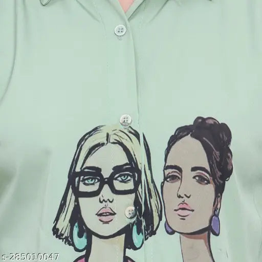 Light green poly crepe casual top with long sleeves and printed pattern, women's wear from India