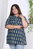 Plus size blue cotton top with three-quarter sleeves, features printed design. Women's casual wear in extra-large size