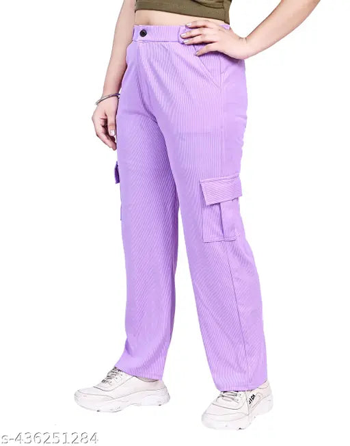 Purple cotton stretch cargo pants with 4 pockets and side cargo pocket, regular fit, lower pajama, casual style