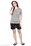 Grey & black galaxy print cotton women's shorts set with short sleeves, evolove Castor nightsuit