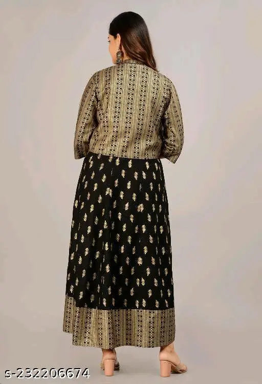 Black rayon Anarkali kurti long for women, sleeveless, printed combo in single sizes S-XXL on display