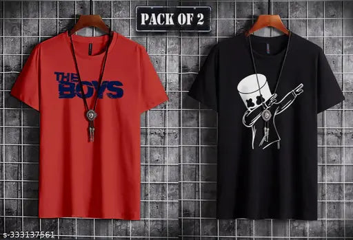 Cotton Regular Round Red Graphic Print T-shirts (Pack of 2) - Men's SUPERSQUAD style, India
