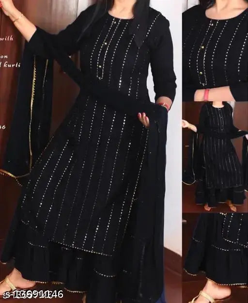 Embroidered black kameez with matching sharara and dupatta set for summer wedding wear