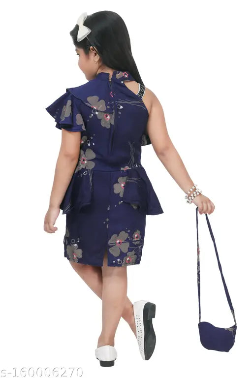 Dark blue floral print sleeveless dress with a high waist and short skirt length