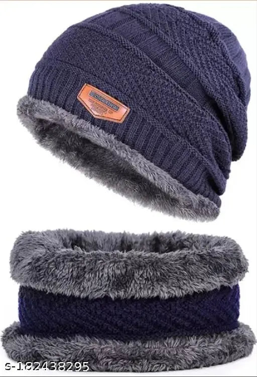 Women's knitted winter cap, blue and black, with fur lining, and warm neck scarf, pack of 2